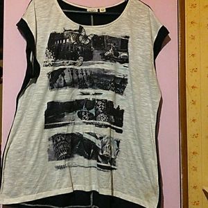 Cato ladies long graphic tee, blue & white with butterflies & sequins;22/24w